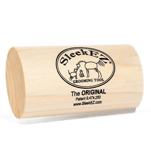 Wooden grooming tool with 'SleekEZ' branding on a white background