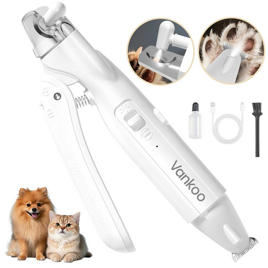 Pet grooming tool with attachments and images of a dog and cat on a white background