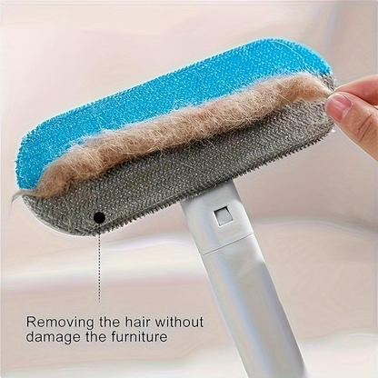 Pet hair removal brush with a hand holding it, showing its effectiveness on furniture.