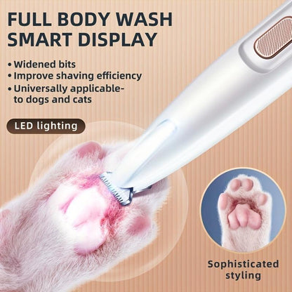 Pet grooming tool with LED lighting on a paw, featuring text about its features.
